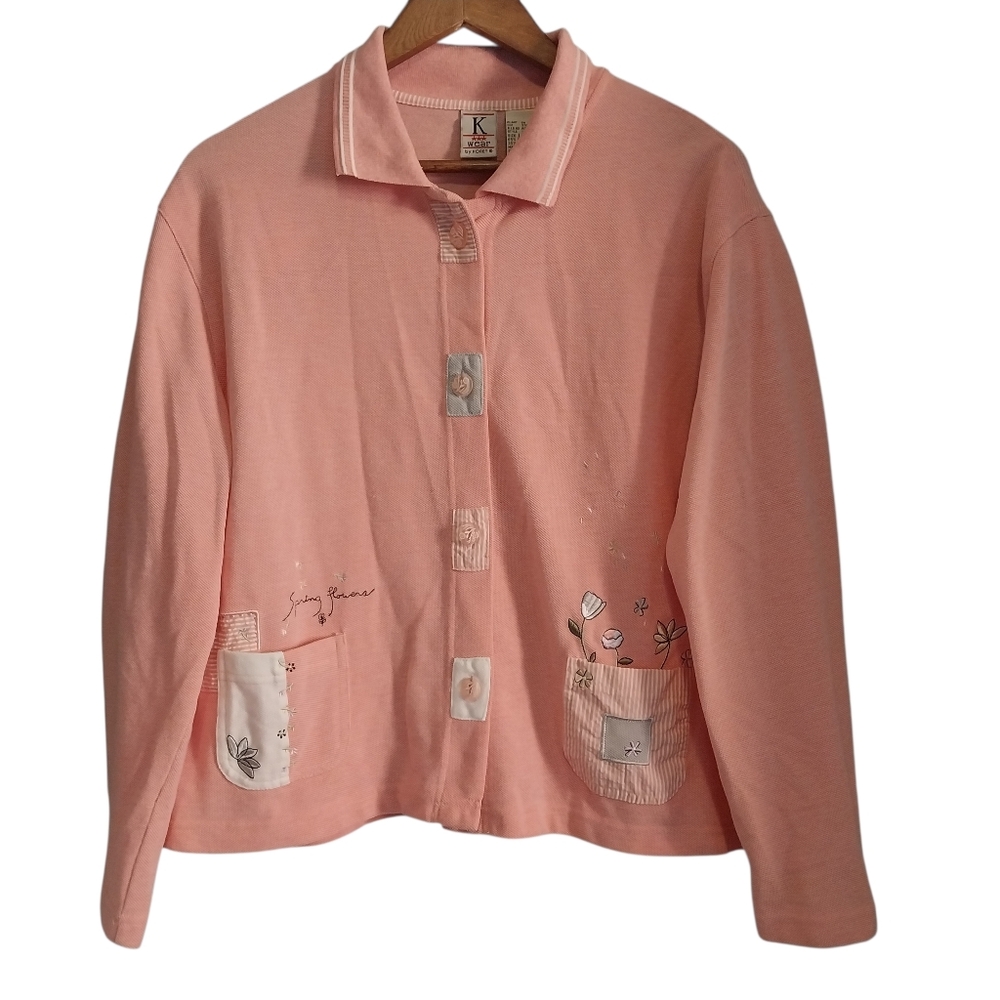 Vintage Koret Size Large Pink Spring Flowers Embroidered Cottagecore Cardigan - Picture 4 of 13